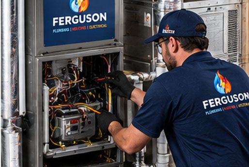 Residential furnace and ductwork in a mechanical room